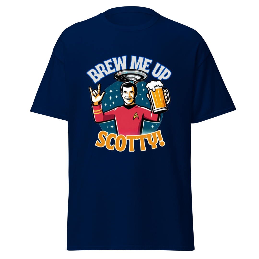 Front view of a Navy Blue Brew Me Up Beer T-Shirt - 160gm - Malted Merch
