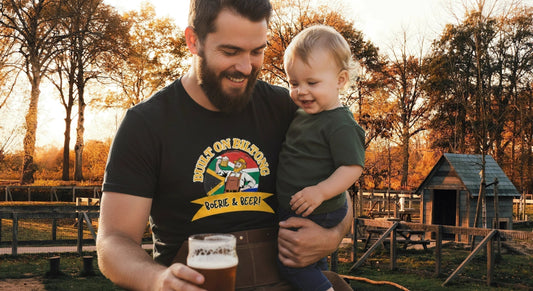 A flatlay of craft beer gift ideas including a Malted Merch premium t-shirt and local beer.