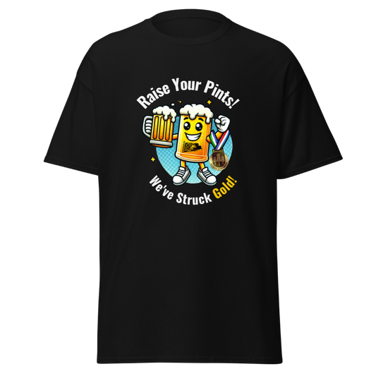 Brewhogs Special Edition Black t-shirt with a graphic of a beer mug and text 'Raise Your Pints! We've Struck Gold!' on a white background - Malted Merch