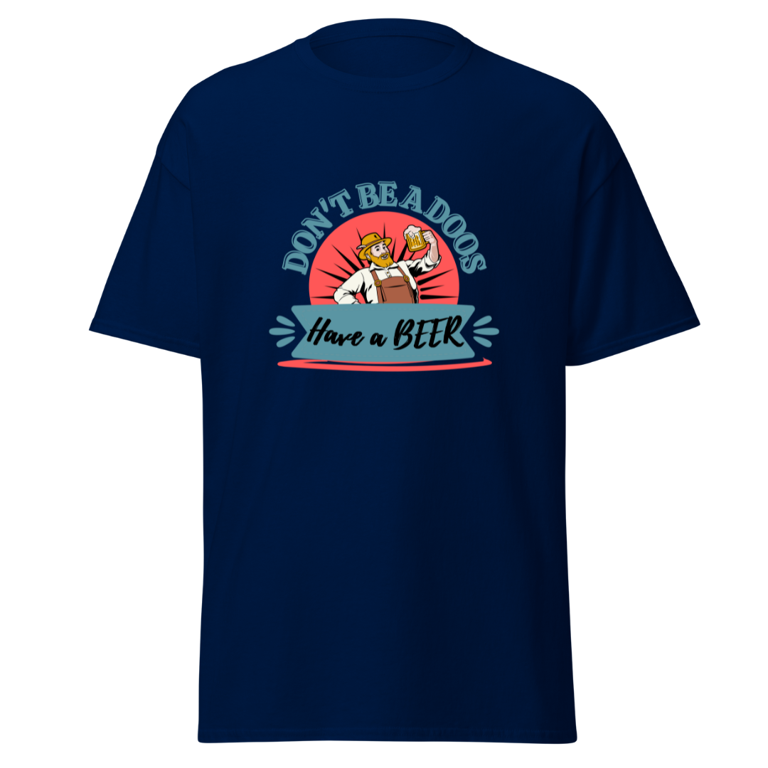 Front view of Navy Blue Don’t Be a Doos Beer T-Shirt - 160gm - Malted Merch