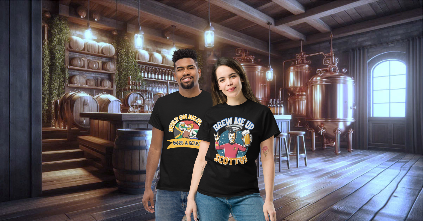 Two people wearing black t-shirts in a brewery setting