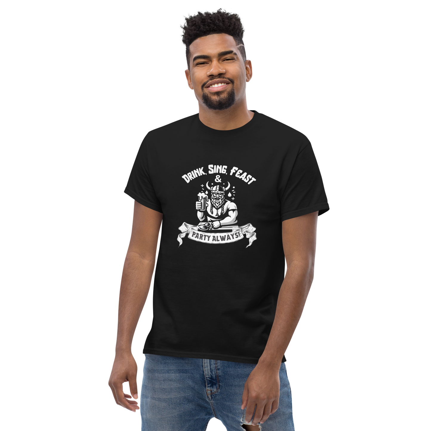 Male Model wearing a Black Drink Sing Feast Party Always Beer T-Shirt - 160gm - 100% Cotton - Malted Merch