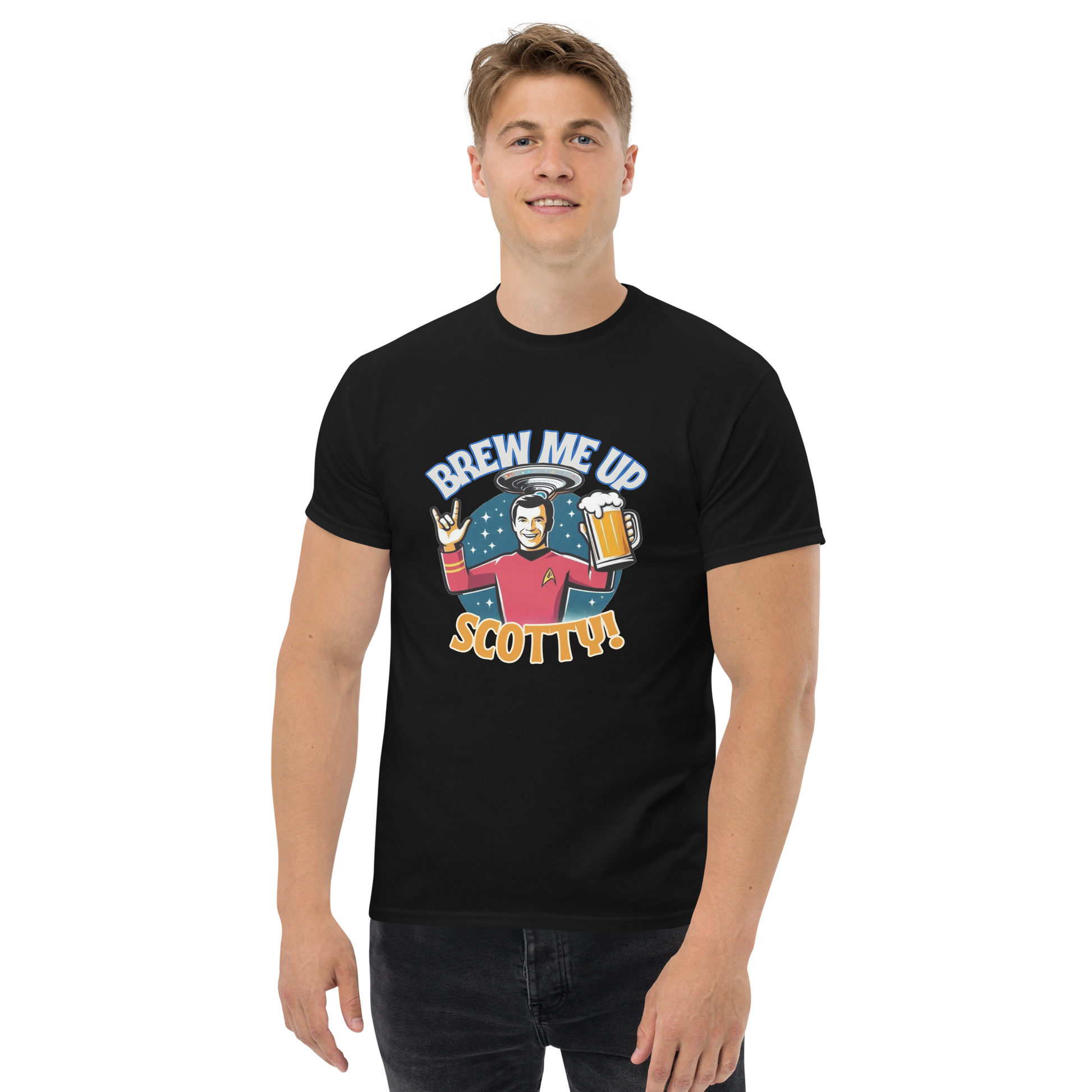 Male Model wearing a Black Sci-Fi Brew Me Up Beer T-Shirt - 160gm - 100% Cotton - Malted Merch