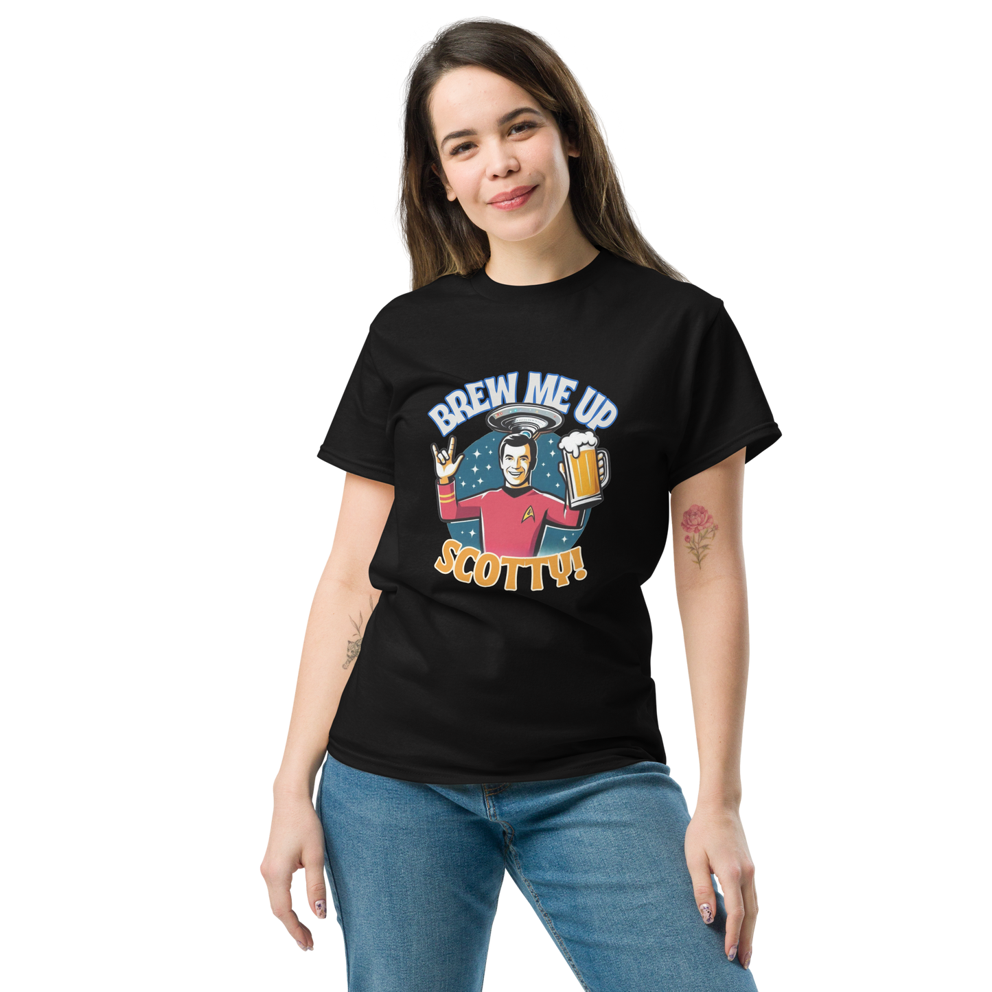 Woman wearing a Black Sci-Fi Brew Me Up Beer T-Shirt - 160gm - 100% Cotton - Malted Merch