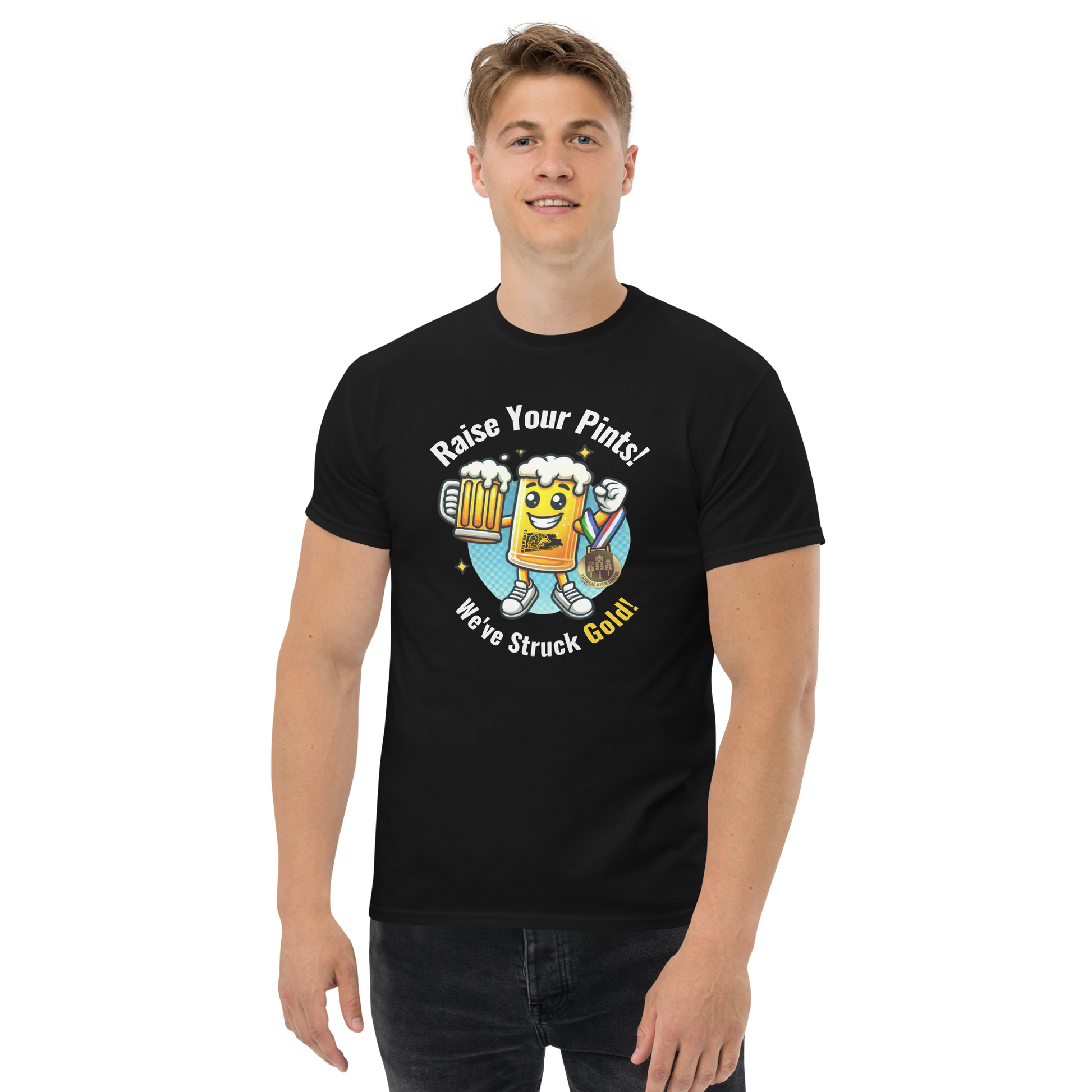 Man wearing a Special Edition Brewhogs Struck Gold National Beer Trophy T-Shirt - 160gm - 100% Cotton - Malted Merch