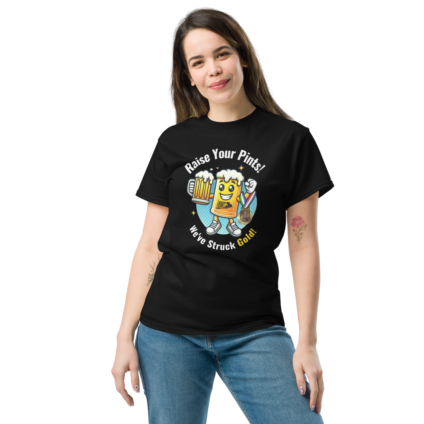 Woman wearing a Special Edition Brewhogs -  Raise Your Pints -  National Beer Trophy T-Shirt - 160gm - 100% Cotton - Malted Merch