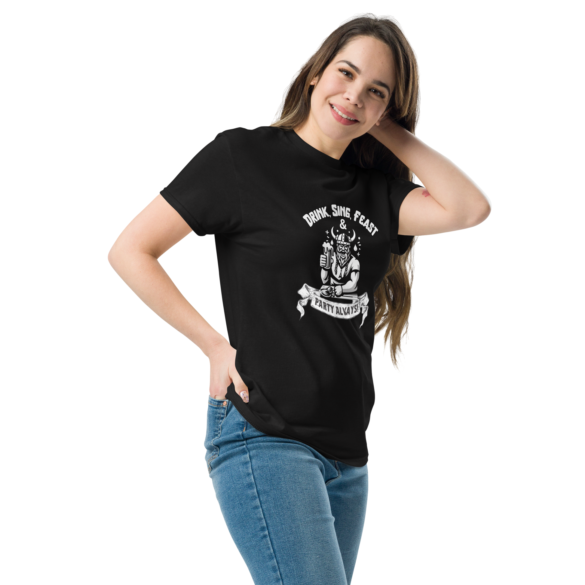 Young Lady wearing a Black Drink Sing Feast Party Always Beer T-Shirt - 160gm - 100% Cotton - Malted Merch