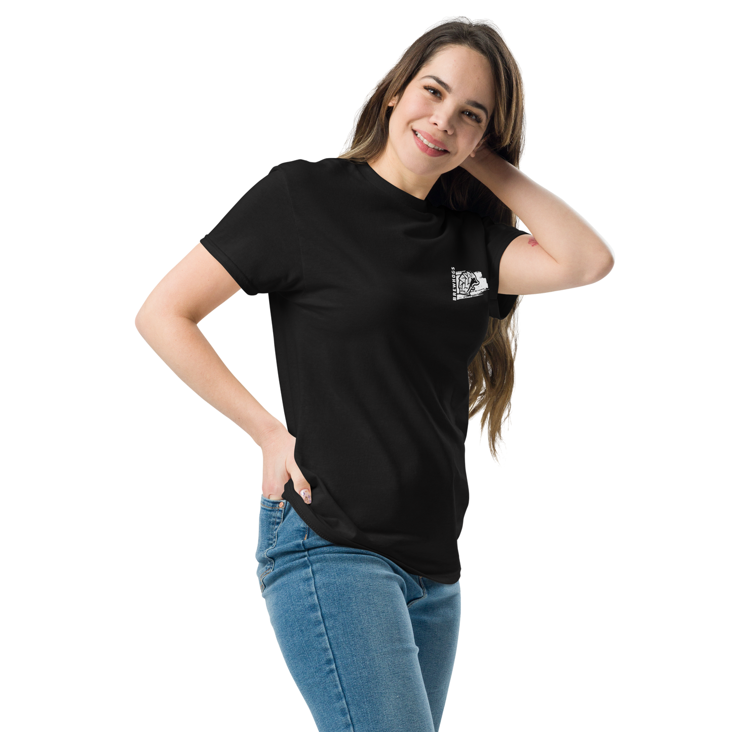 Woman wearing Brewhogs Classic Logo Brewery Beer T-Shirt - 160gm - 100% Cotton - Malted Merch