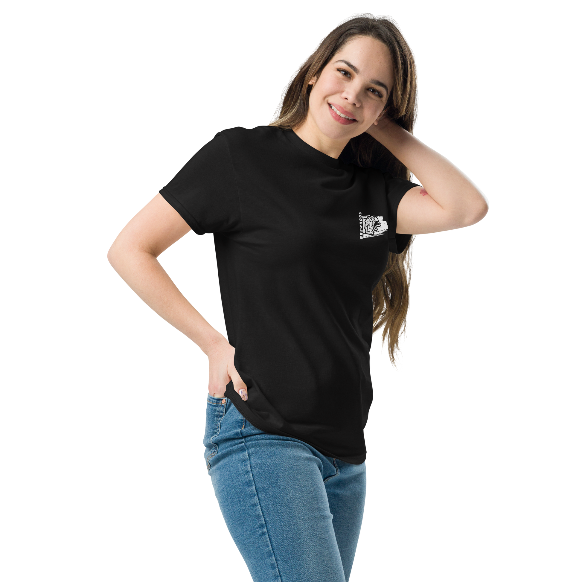 Woman wearing Brewhogs Classic Logo Brewery Beer T-Shirt - 160gm - 100% Cotton - Malted Merch